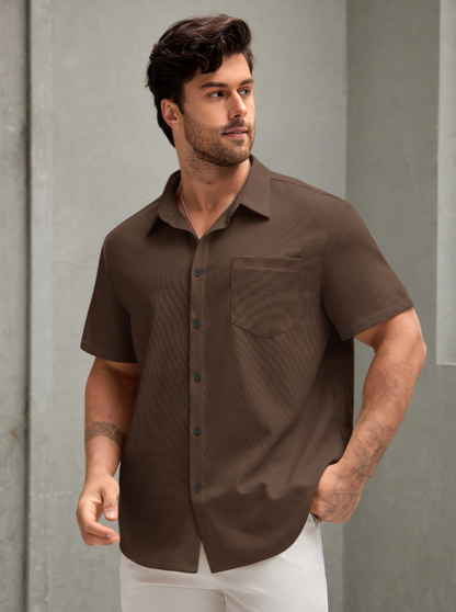 Brown Solid Color Short Sleeve Shirt