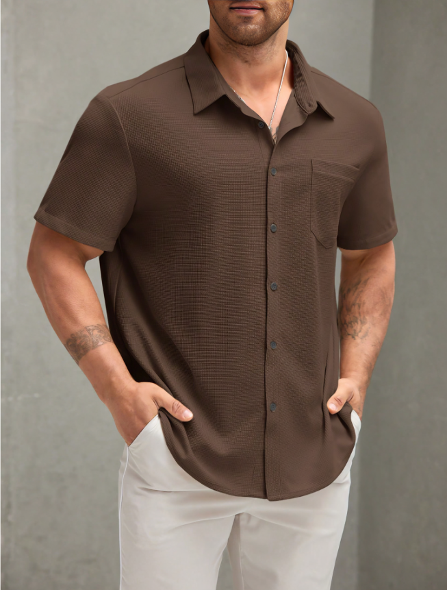 Brown Solid Color Short Sleeve Shirt