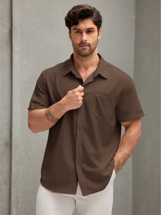 Brown Solid Color Short Sleeve Shirt