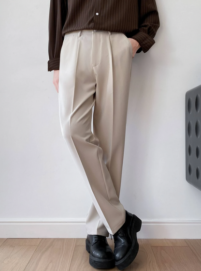 Khaki Slant Pocket Fold Pleated Tailored Pants