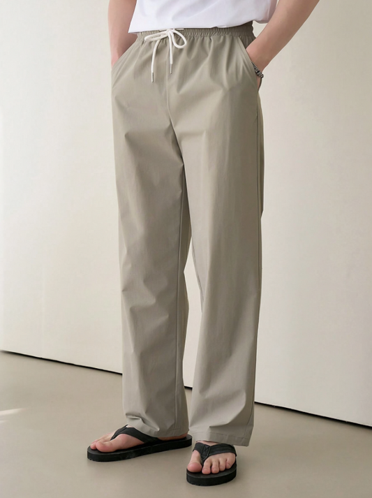 Khaki Men's Summer Casual Solid Color Drawstring Waist Straight Pants