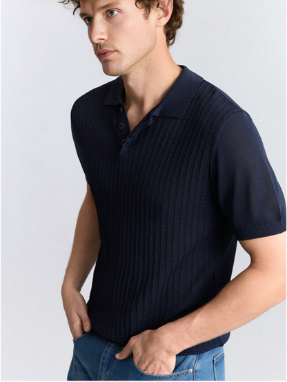 Navy Blue Short-Sleeve Knitted Polo