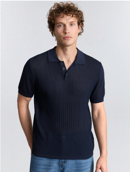 Navy Blue Short-Sleeve Knitted Polo