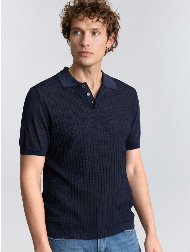 Navy Blue Short-Sleeve Knitted Polo