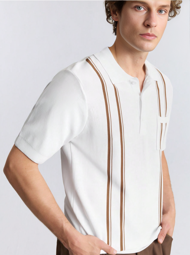 White Striped Short-Sleeve Knit Shirt