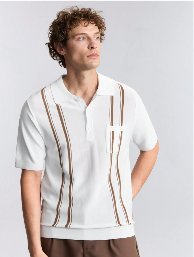 White Striped Short-Sleeve Knit Shirt