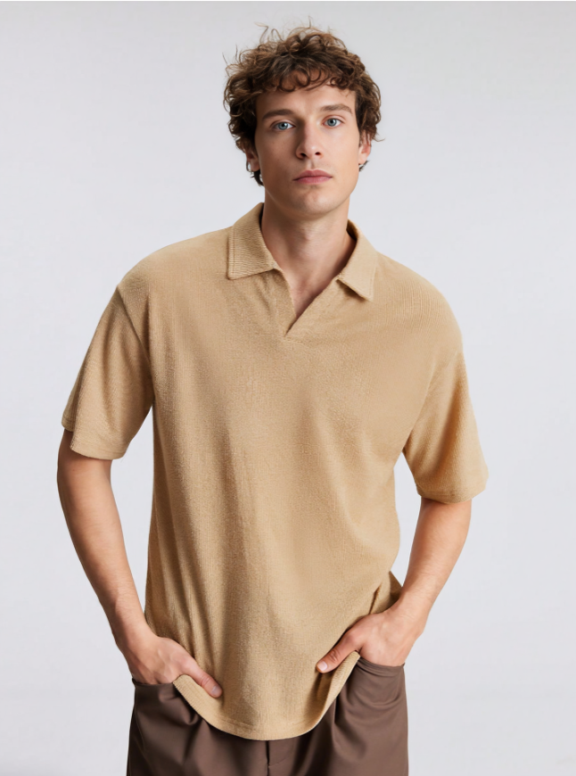 Khaki Short-Sleeve Lapel Polo Shirt