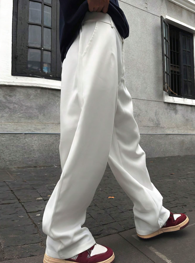 White Loose Fitting Pleated Trousers