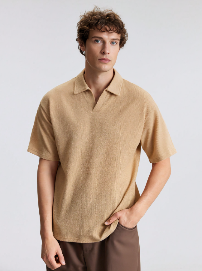 Khaki Short-Sleeve Lapel Polo Shirt