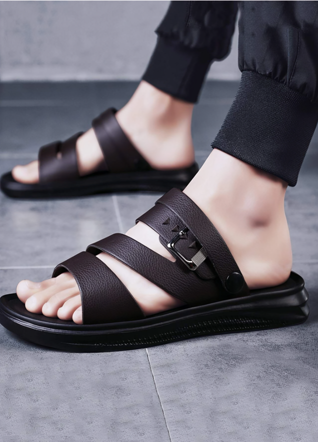 Black Buckle Decor Slides – Open Toe, Two-Way Wear Sandals