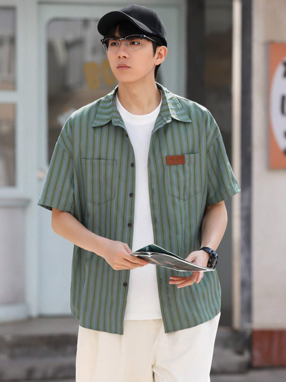 Green Striped Button-Front Short Sleeve Shirt