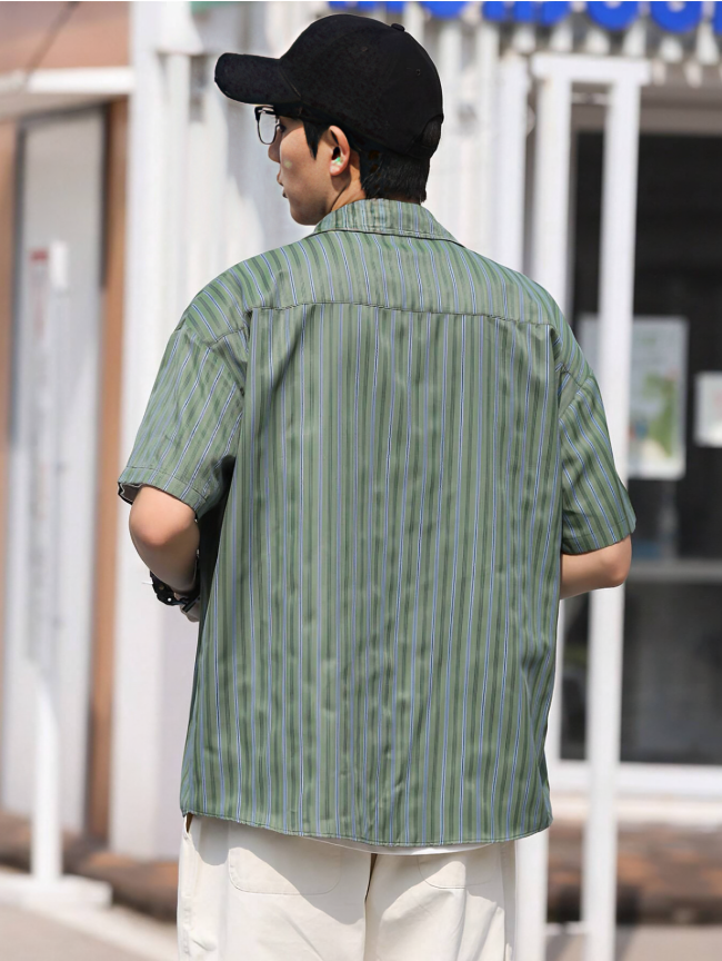 Green Striped Button-Front Short Sleeve Shirt