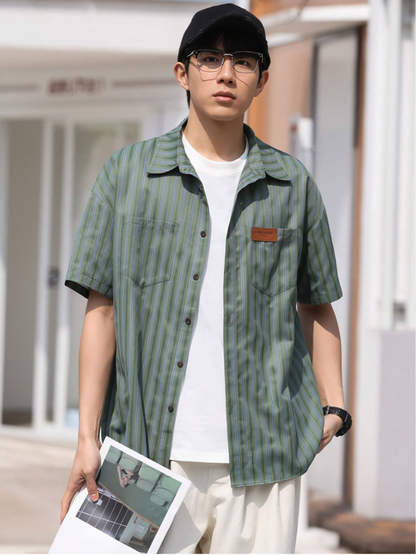 Green Striped Button-Front Short Sleeve Shirt