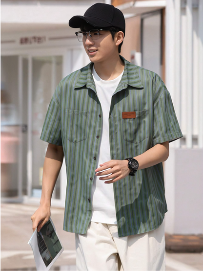 Green Striped Button-Front Short Sleeve Shirt