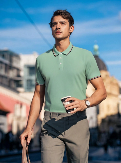 Green Contrast Detail Half-Button Polo Shirt,