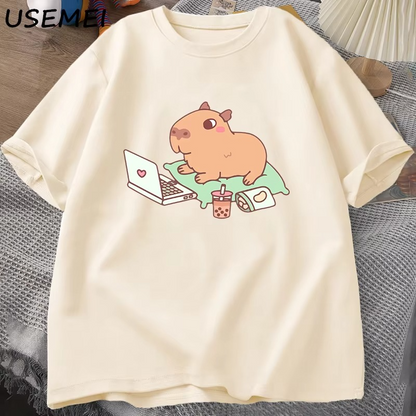 "Tech-Savvy Capybara" Men's Oversized Cotton T-Shirt